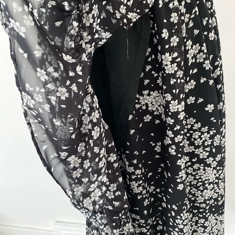 Lulus Floral Black White Ruffled Flounce Midi Dress sz M Sheer Romantic Girly - Picture 10 of 15
